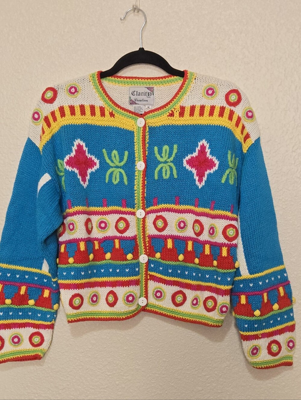 Clarity Creation Playful Hand Knit Sweater Cardigan - Button Down Front- Size M